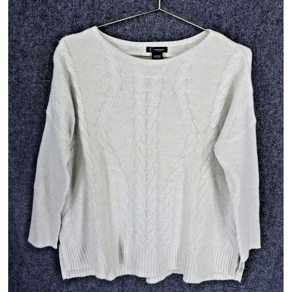 Bloomingdales Cashmere Sweater Women Large Beige Cable Knit Split‎ Hem EUC